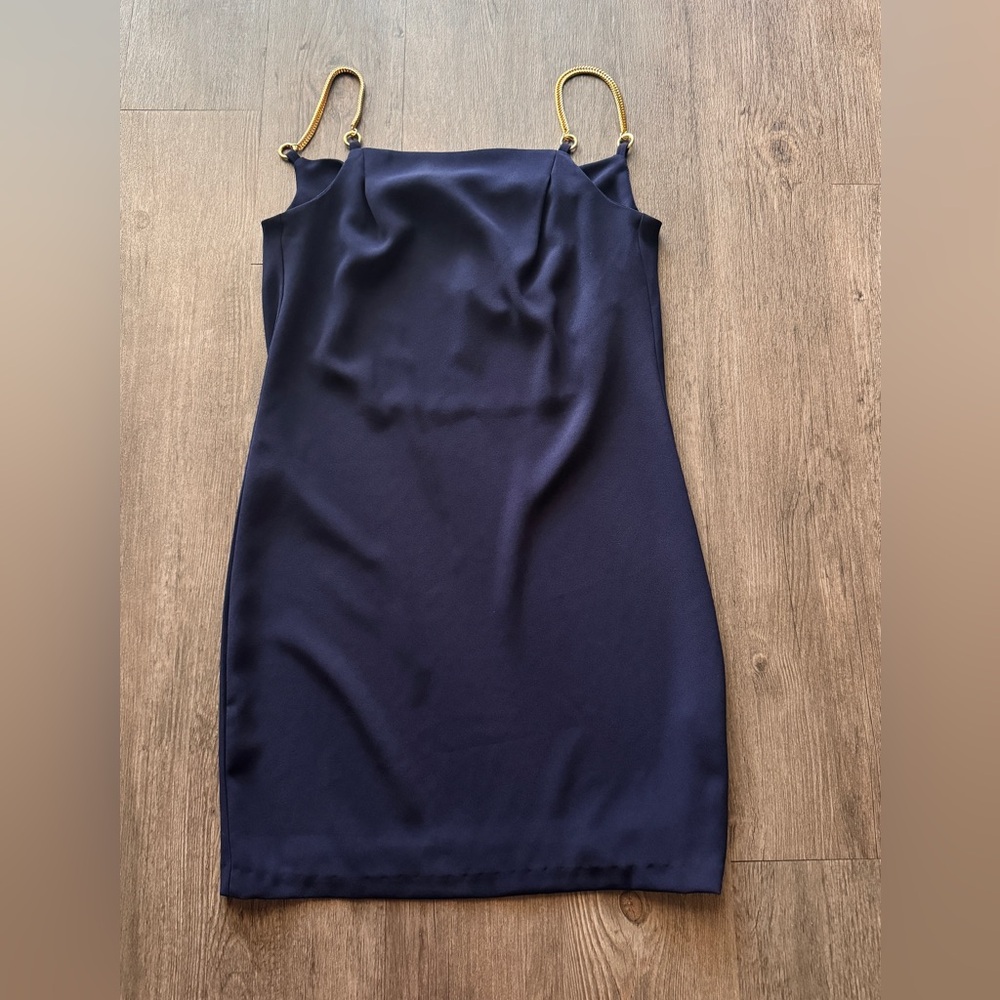 Trina Turk Elegant Navy Blue Dress with Gold Straps size 0 chic and classy